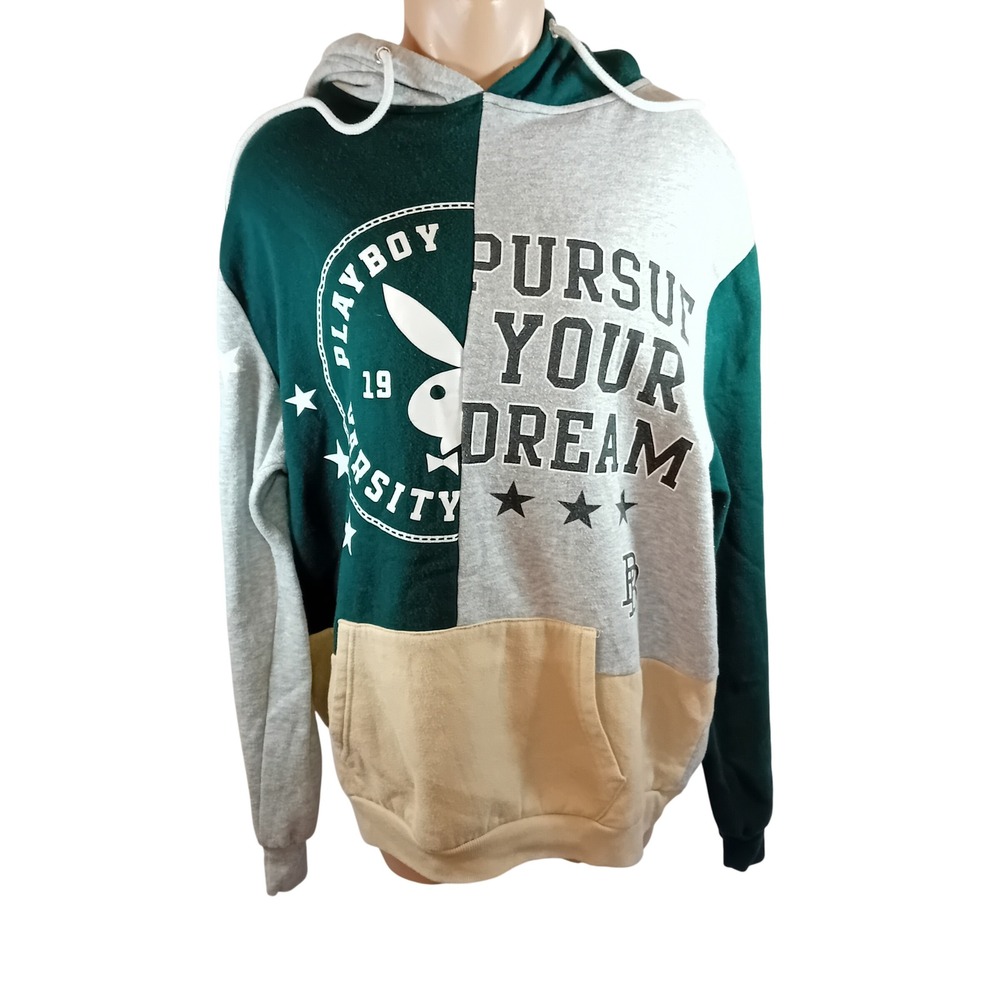 Modern Playboy Varsity University Hoodie Sweatshirt Colorblock Patchwork L‎ READ